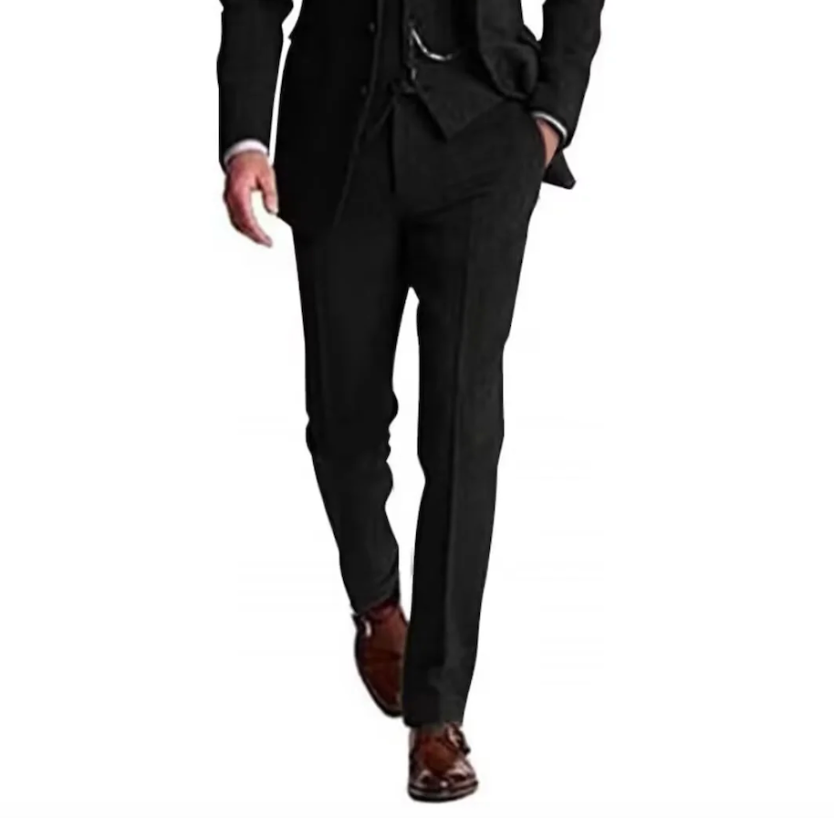 Black herringbone men’s pants with retro tuxedo style – tailored slim fit for elegant formal dressing