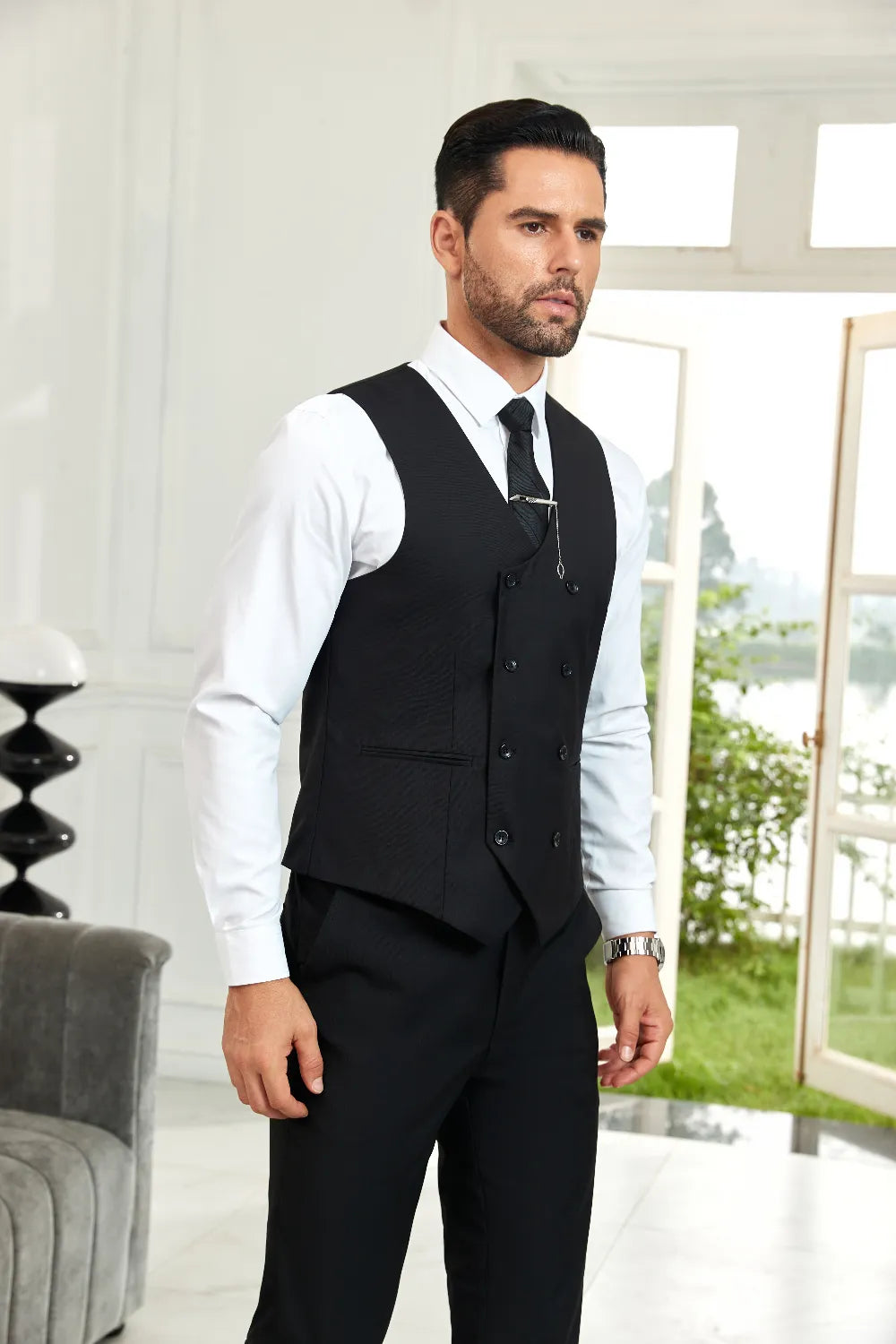 Men's Black Double Breasted Vest & Pants 2 Pieces Suits