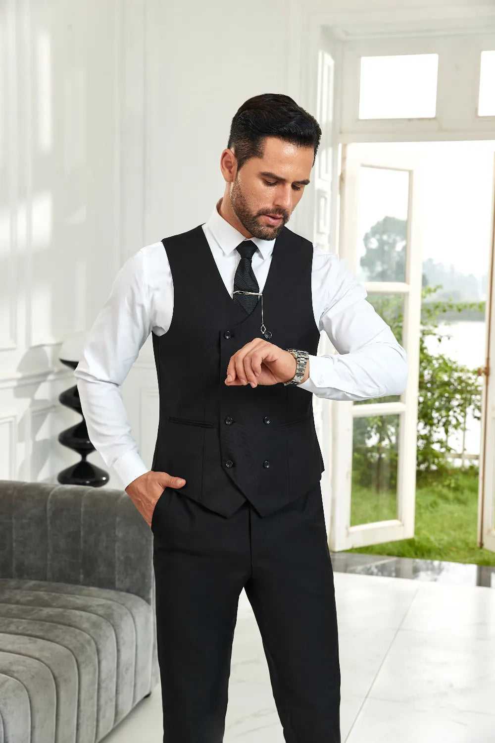 Men's Black Double Breasted Vest & Pants 2 Pieces Suits