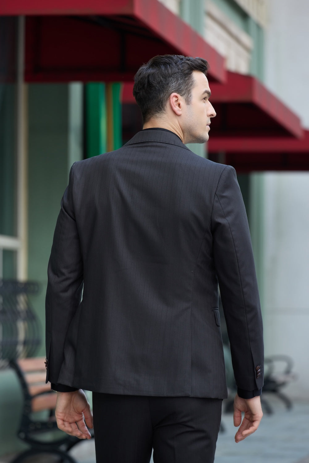 Unique big collar one-button 2 piece men's suit back view - black pinstripe slim fit jacket & pants, formal business outfit