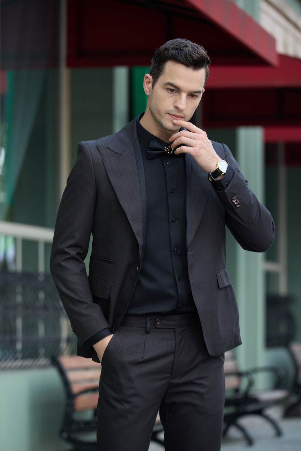 Unique big collar one-button 2 piece men's suit - black slim fit jacket & pants, formal evening outfit