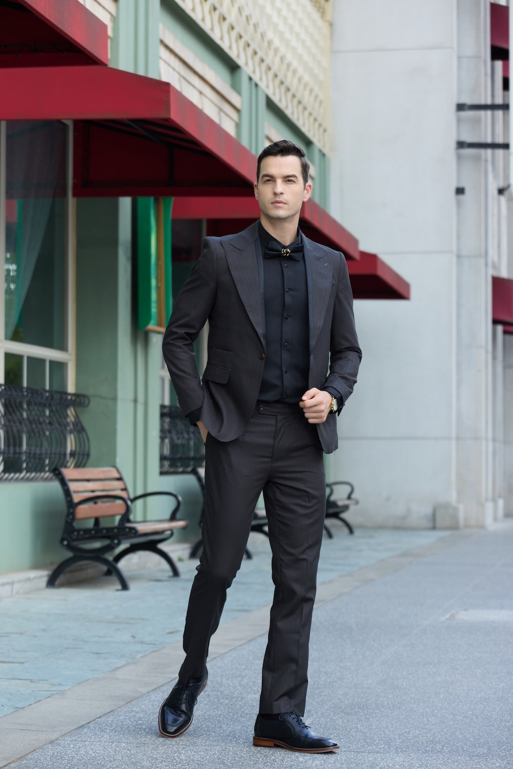 Unique big collar one-button 2 piece men's suit - black slim fit jacket & pants, formal evening outfit