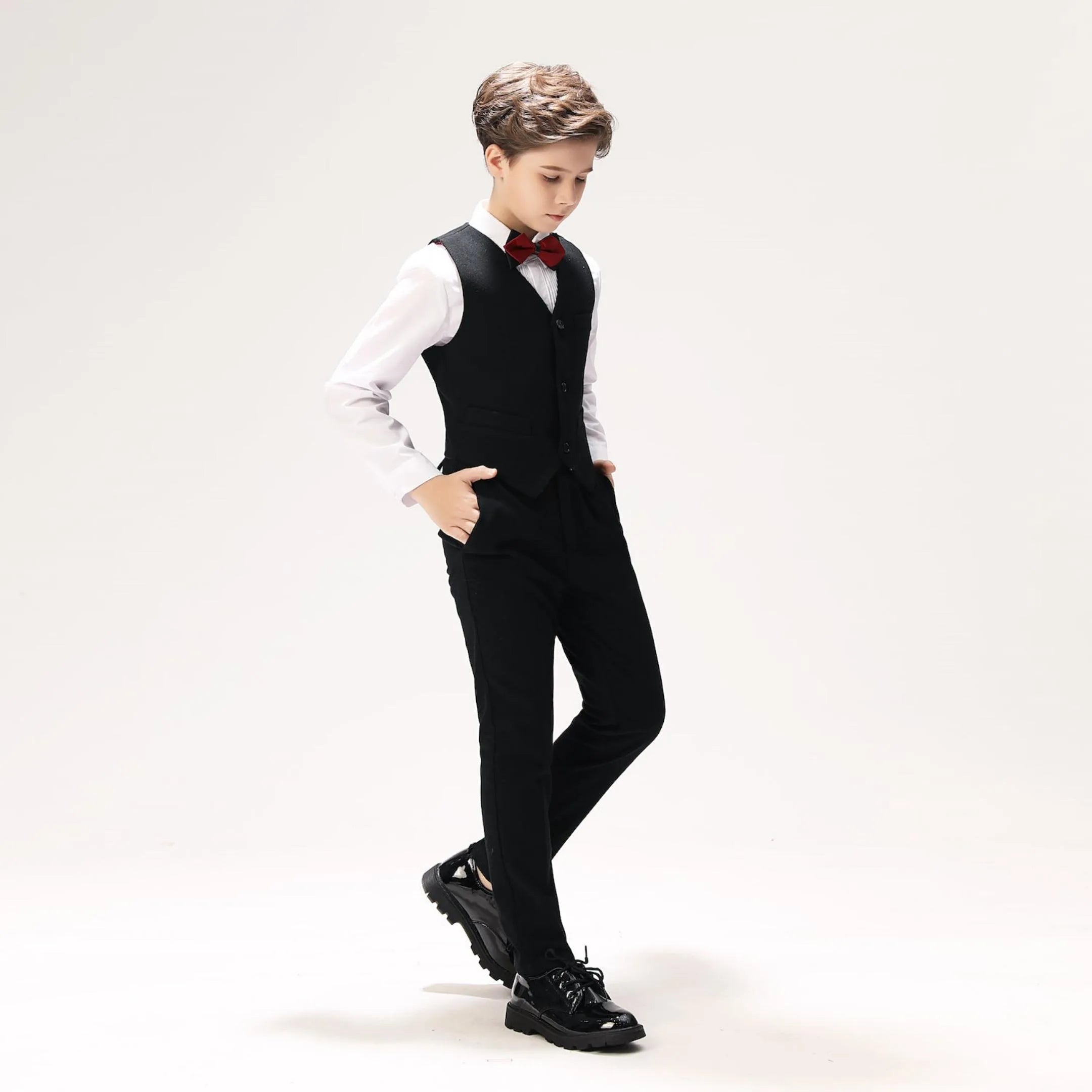 Black boys' vest and pants formal set with red bow tie – stylish 5-piece suit for party, prom, or holiday events