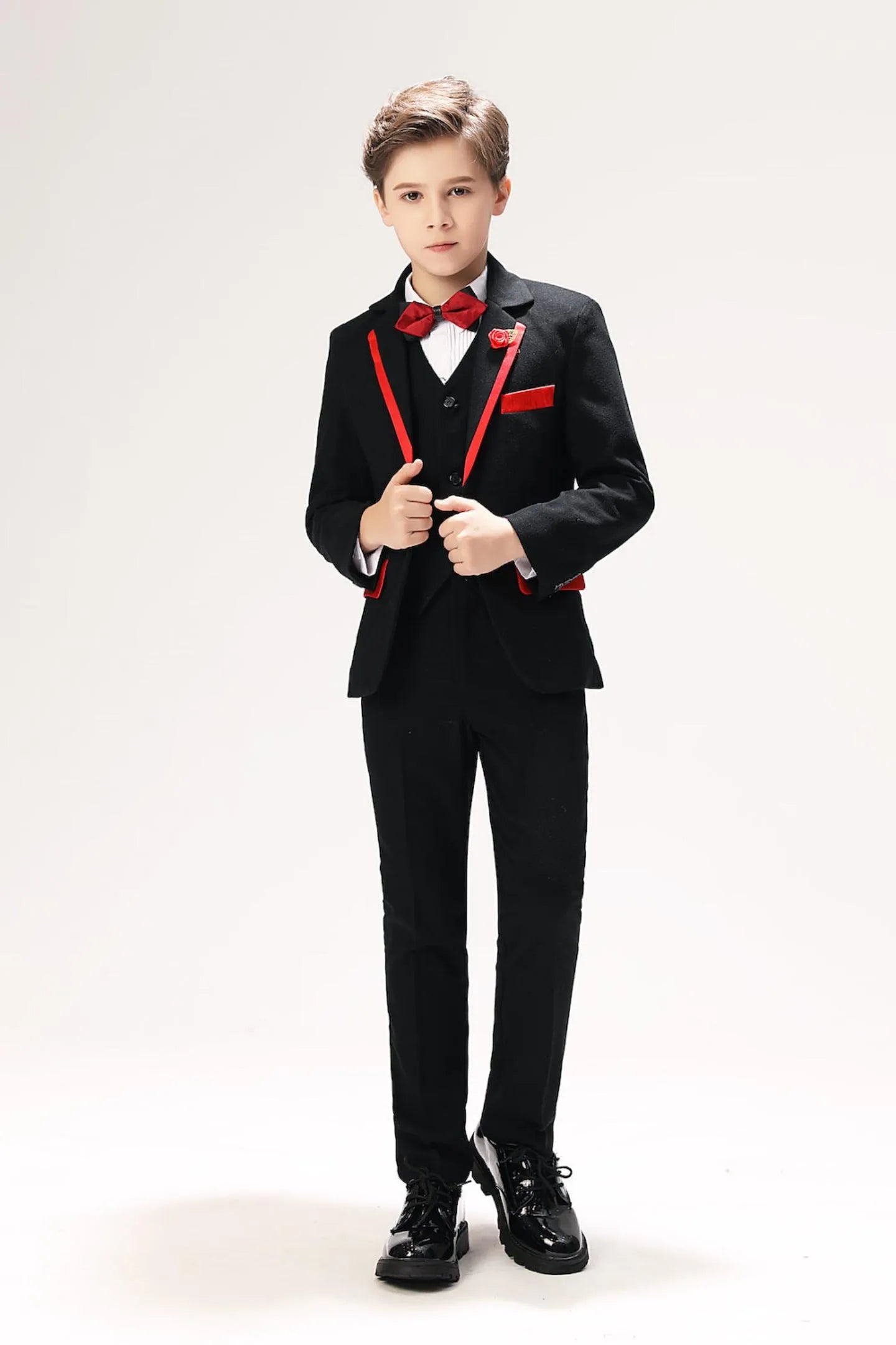 Boys' black 5-piece formal suit with red trim, bow tie, and pocket square – elegant party & holiday outfit