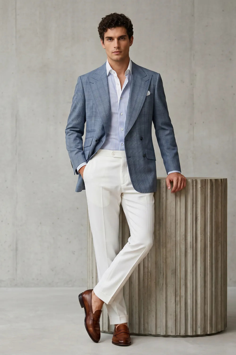 Men's Light Blue Double Breasted Prince Of Wales Check 2-Piece Suit