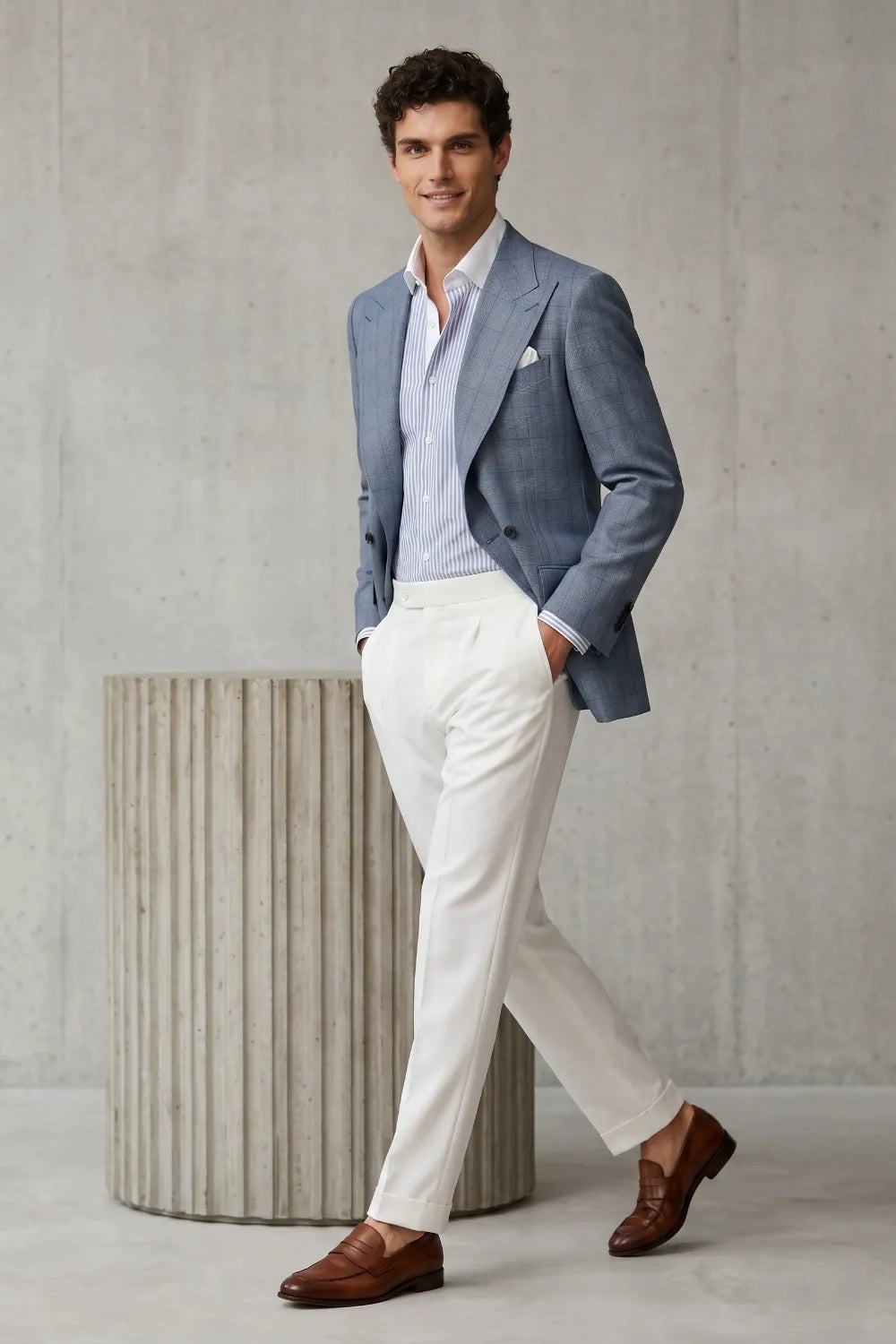 Men's Light Blue Double Breasted Prince Of Wales Check 2-Piece Suit