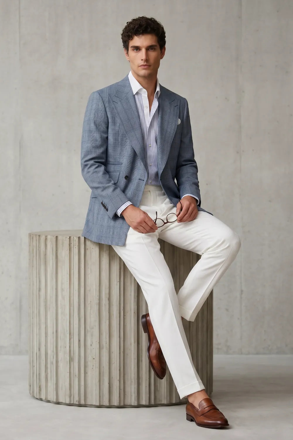 Men's Light Blue Double Breasted Prince Of Wales Check 2-Piece Suit