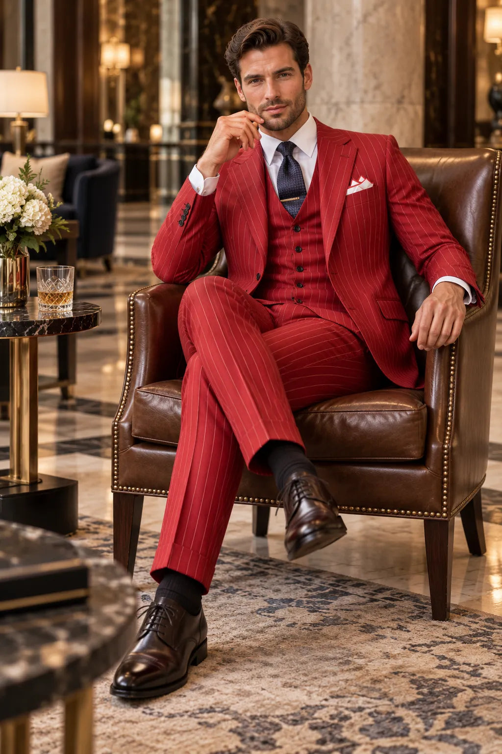 Men's Bold Red Pinstripe 3 Piece Suit