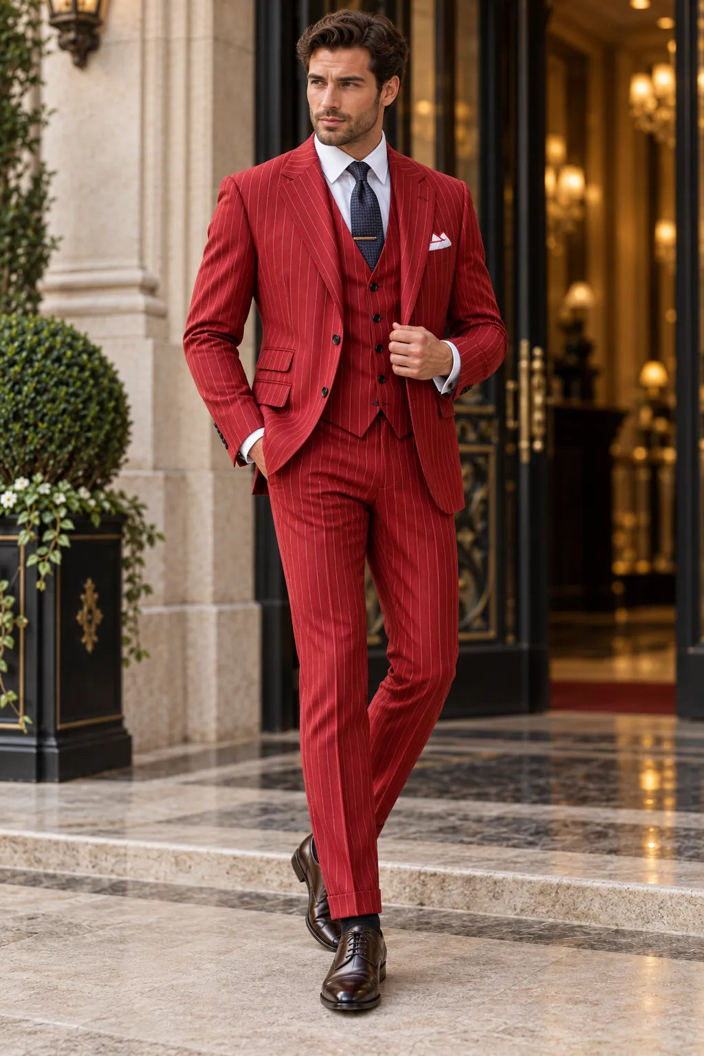 Men's Bold Red Pinstripe 3 Piece Suit