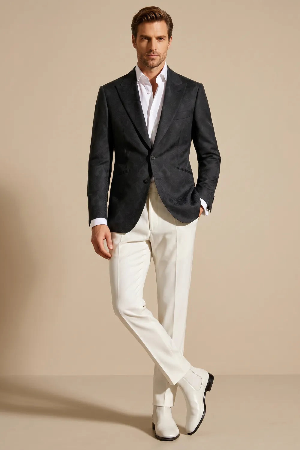 Men's Black Jacquard Wide Peak Lapel 2-Piece Suit
