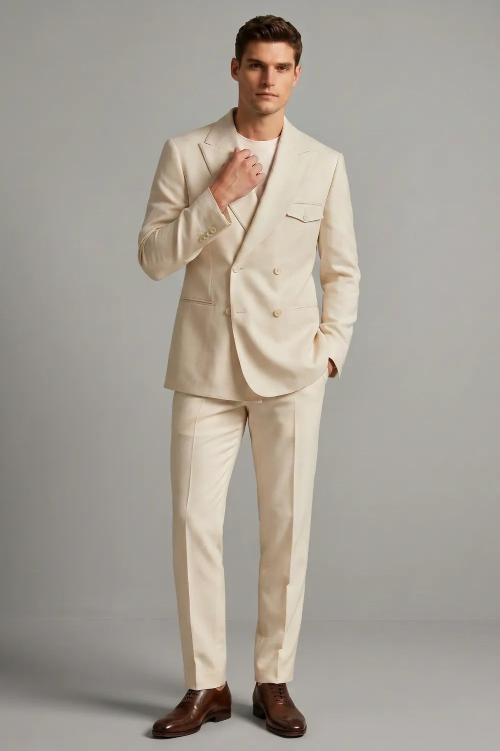 Men's Cream Double Breasted Peak Lapel Linen 2 Piece Suit