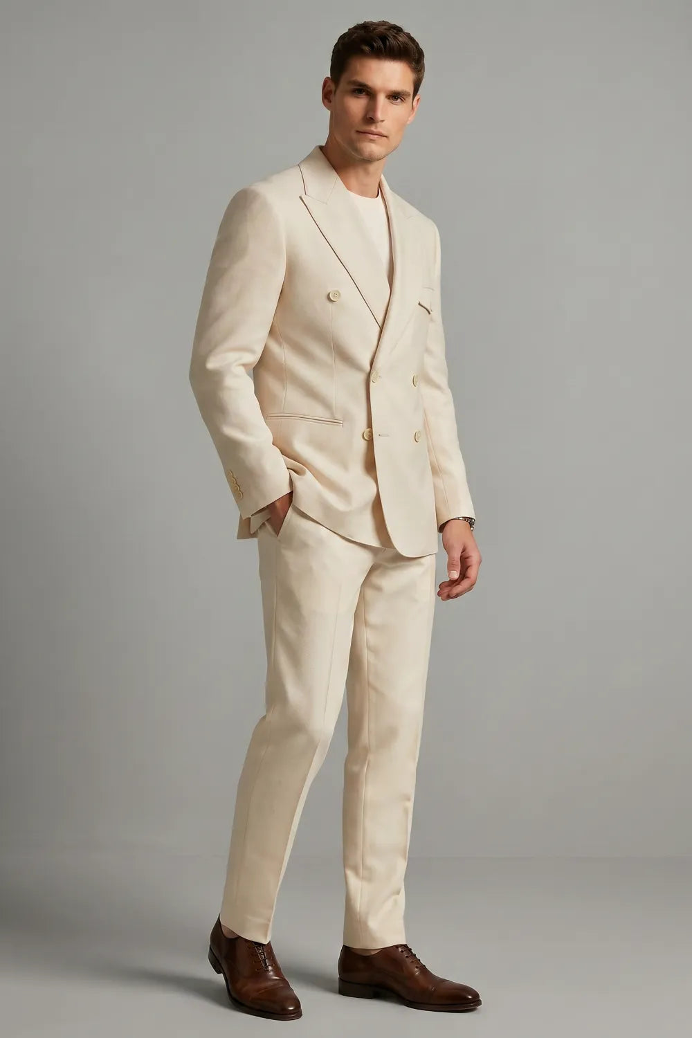 Men's Cream Double Breasted Peak Lapel Linen 2 Piece Suit