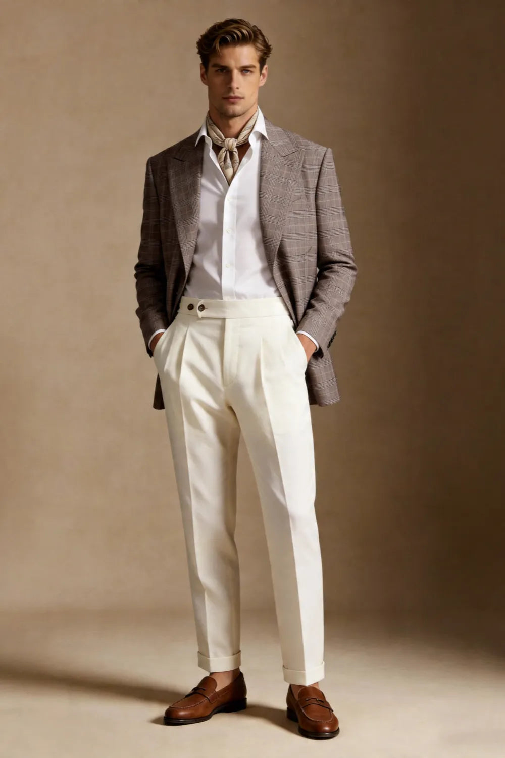 Men's Taupe Glen Plaid Double Breasted Wide Peak Lapel 2 Piece Suit