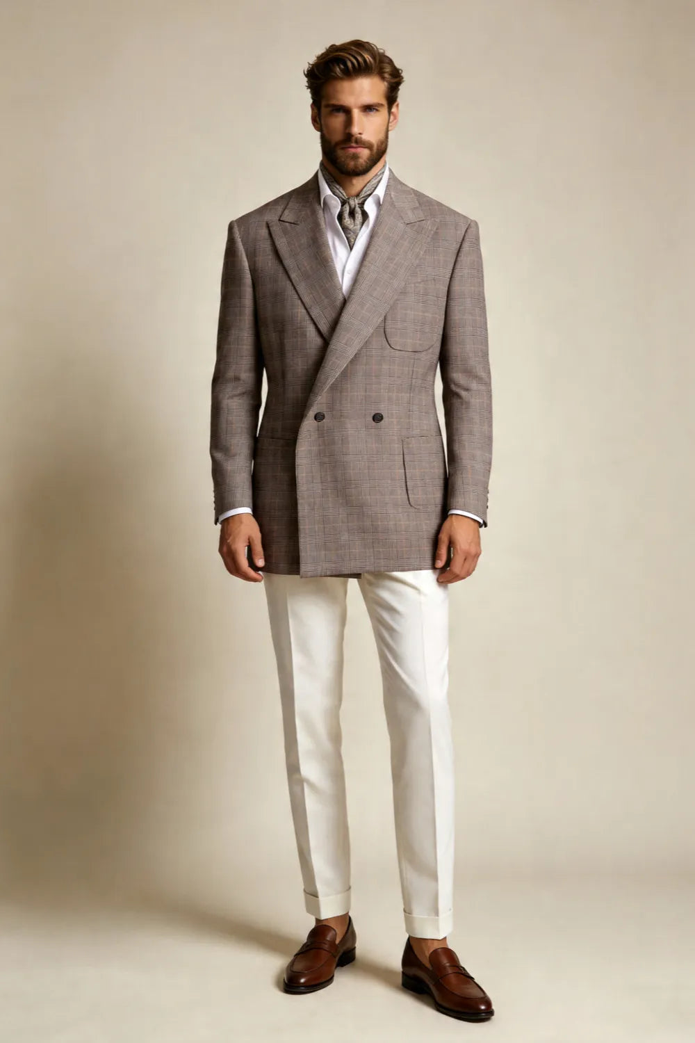 Men's Taupe Glen Plaid Double Breasted Wide Peak Lapel 2 Piece Suit