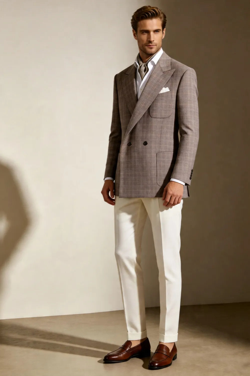 Men's Taupe Glen Plaid Double Breasted Wide Peak Lapel 2 Piece Suit