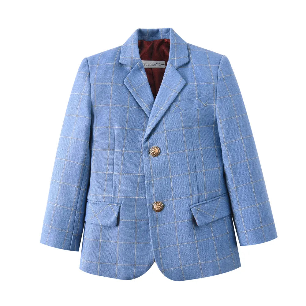 Light blue plaid boys school blazer with two gold buttons and classic notch lapel, perfect for formal events and classroom wear.