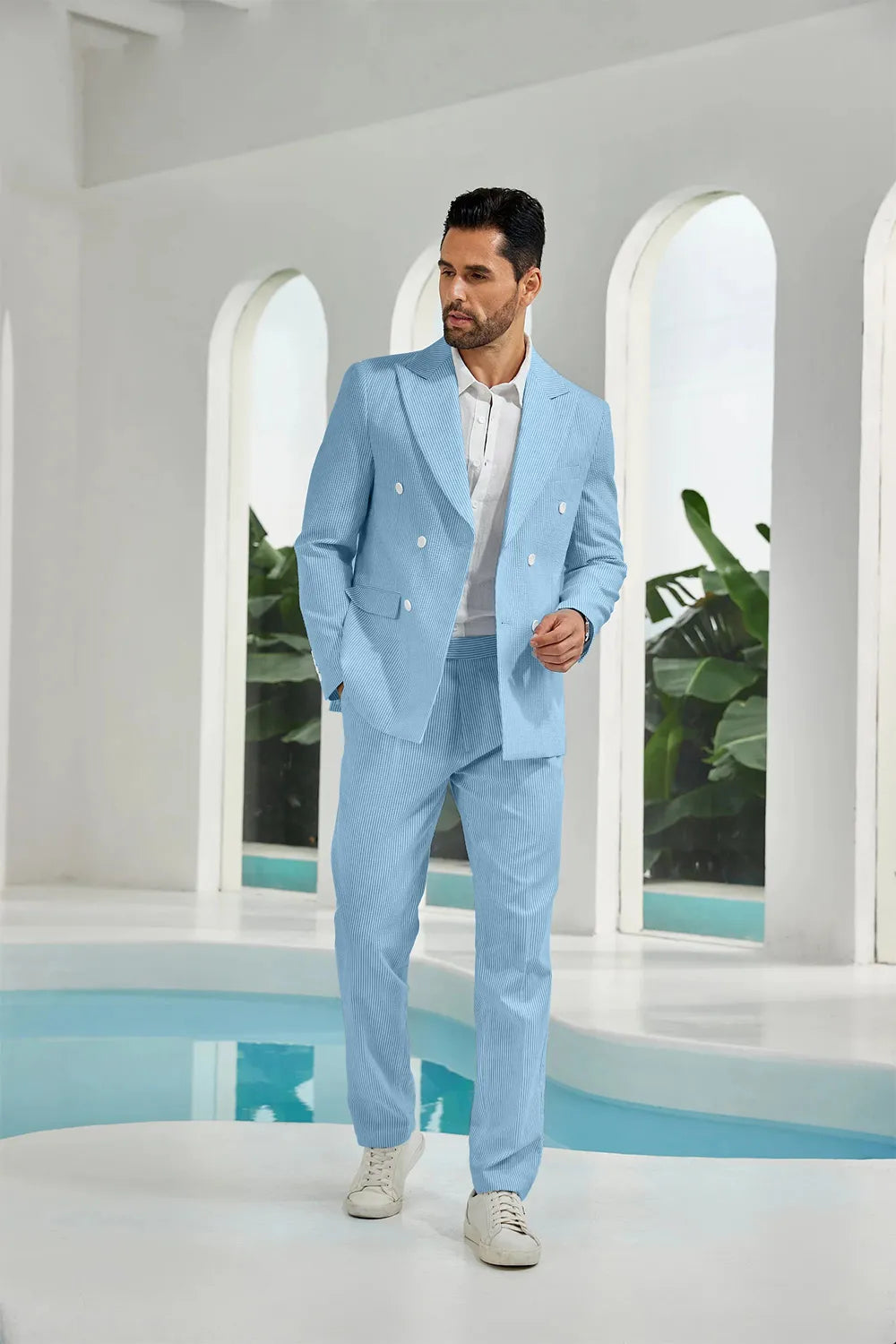 Blue seersucker double breasted blazer pants 2 piece men's summer suit upgrade version on model