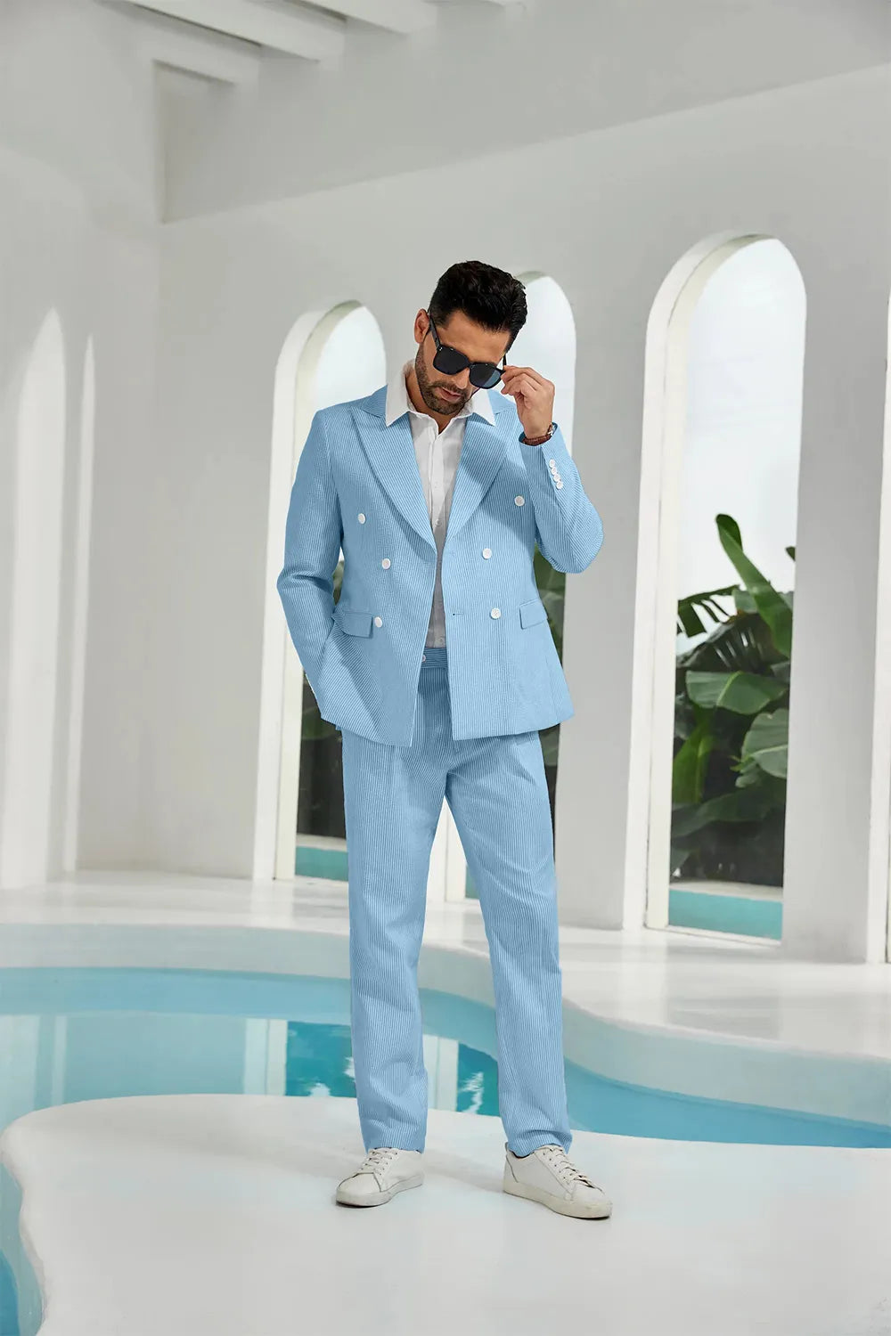 Blue seersucker double breasted blazer pants 2 piece men's summer suit upgrade version front display