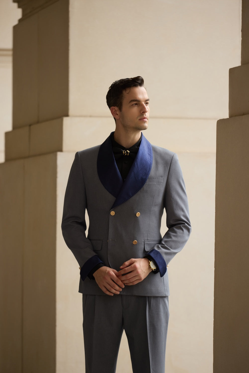 Shawl collar double-breasted 2 piece men's suit - gray jacket & pants with blue satin lapel, formal wedding outfit