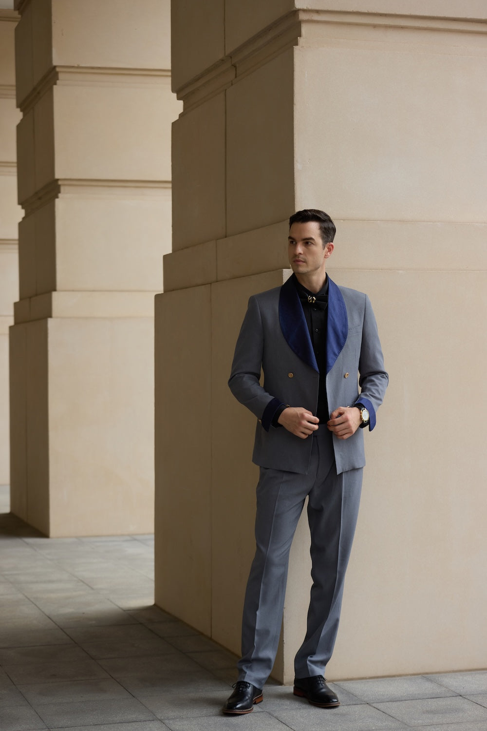 Shawl collar double-breasted 2 piece men's suit - blue slim fit jacket & pants with blue satin lapel, formal wedding outfit