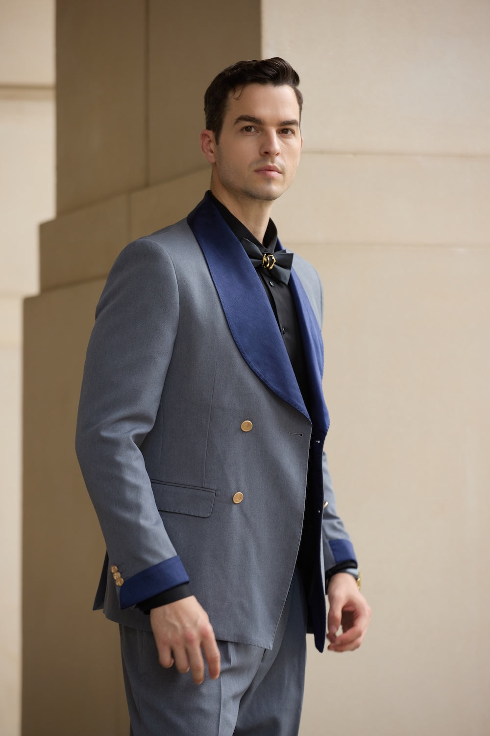 Shawl Collar Double-breasted 2 Piece Men's Suit Jacket - Gray Slim Fit with Blue Velvet Lapel & Cuffs, Formal Wedding Blazer