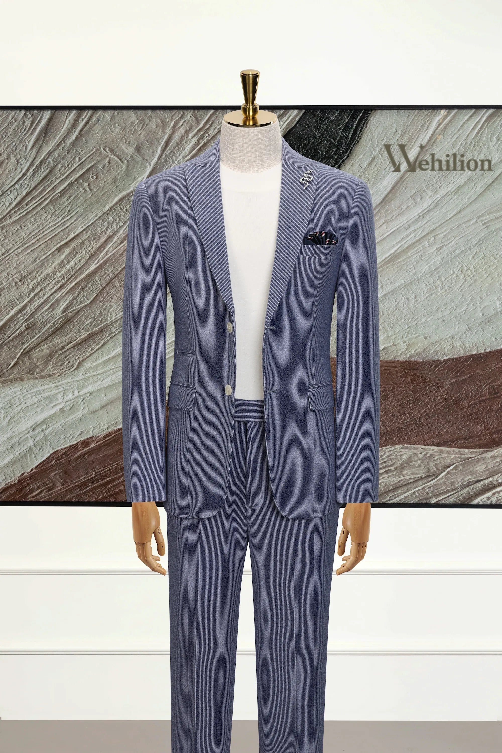 Men's Blue Pinstripe Herringbone 2 Piece Suits