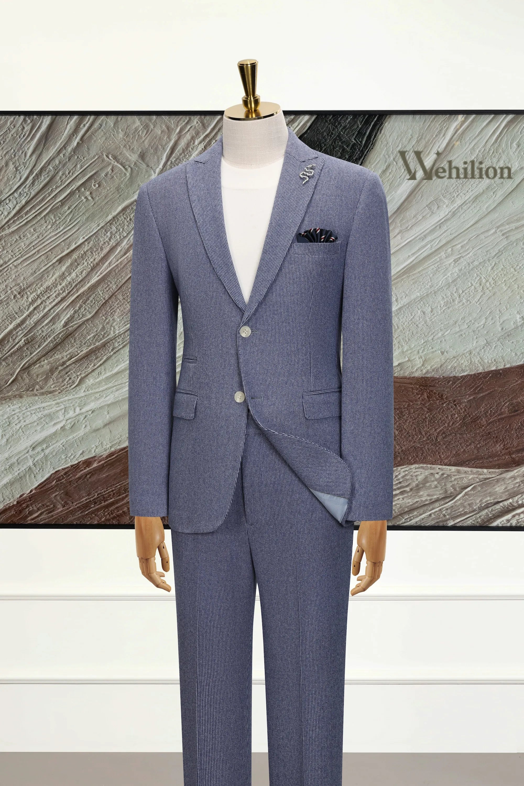Men's Blue Pinstripe Herringbone 2 Piece Suits
