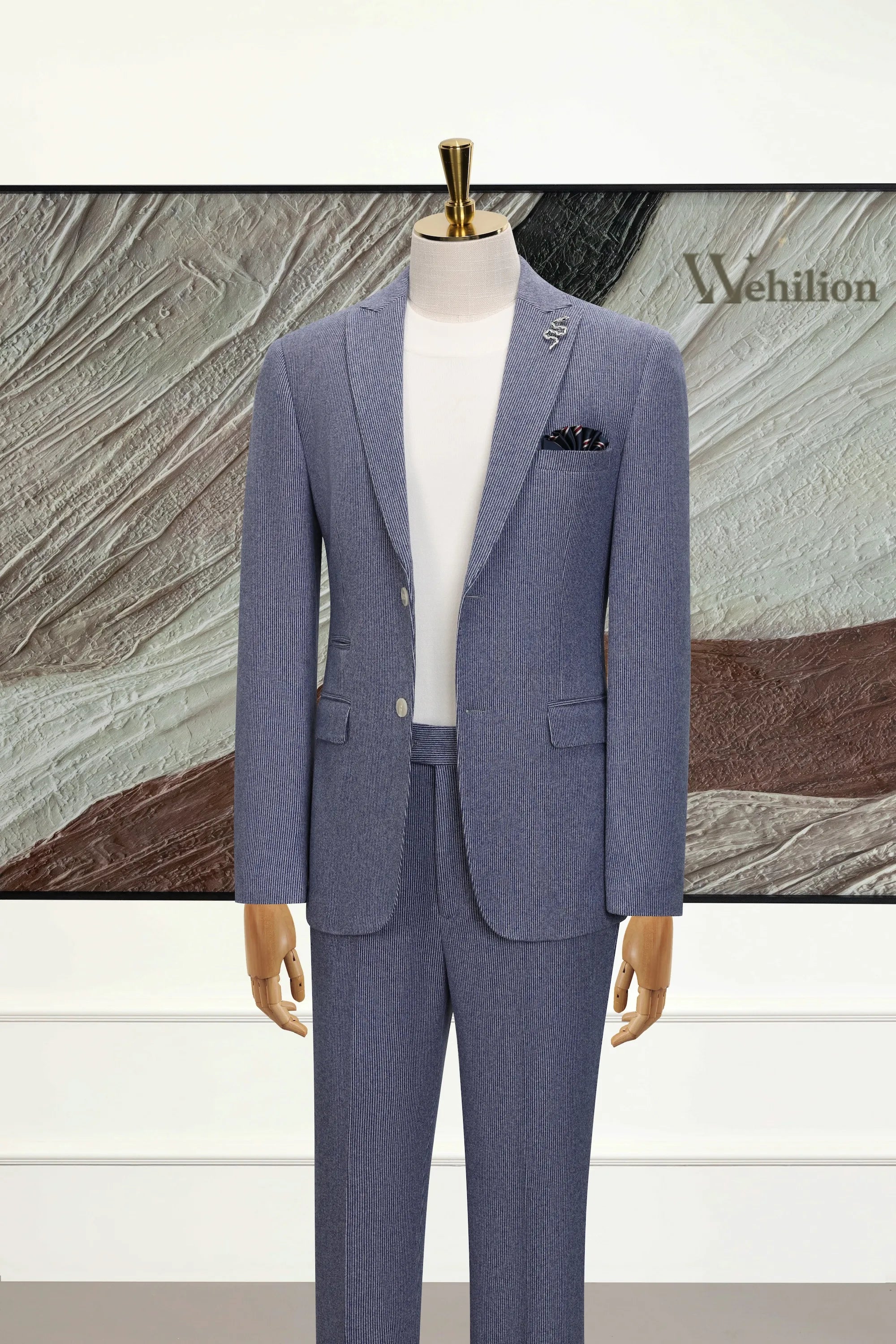 Men's Blue Pinstripe Herringbone 2 Piece Suits