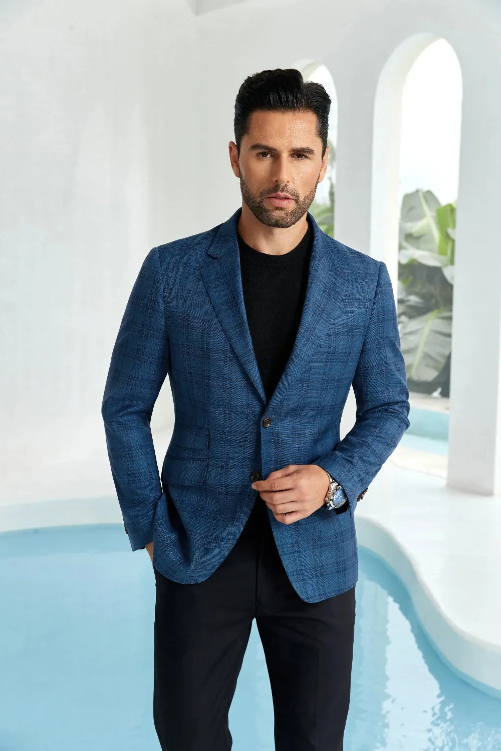 Men's Blue Slim Fit Plaid Blazer