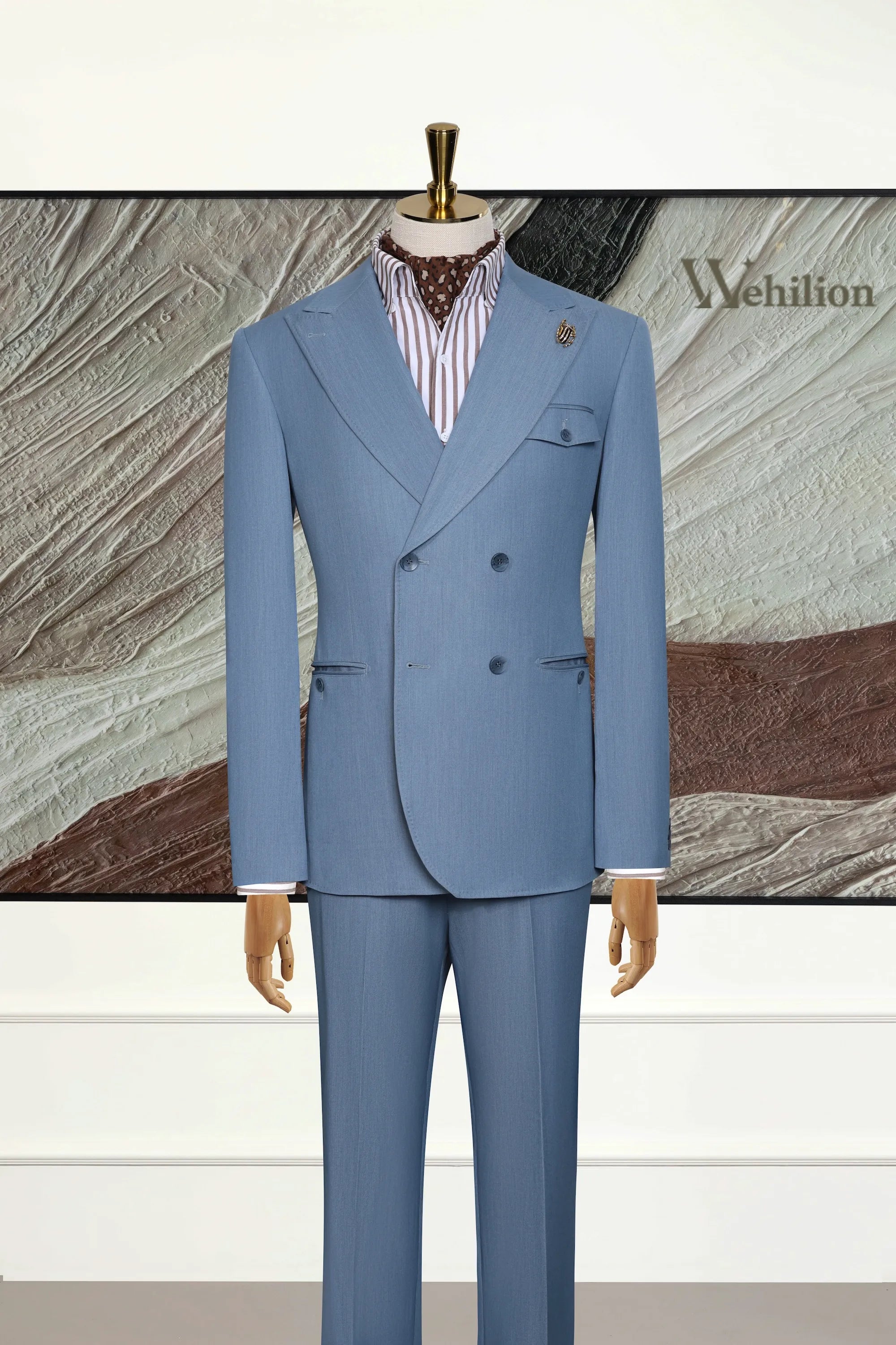 mens denim dress suits Edge And Elegance In Double Breasted Suit Men's Wear For Wedding Ecom Style:04189907 Teal Embroidered Plunging Maxi button front and notch Sash Options:Dress with Satin Sash
