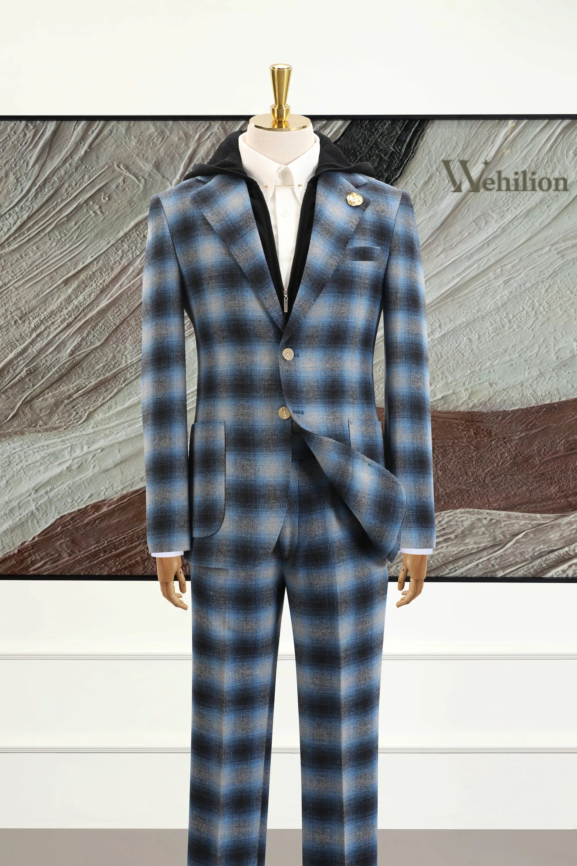 Men's Blue Plaid Herringbone 2 Piece Suits