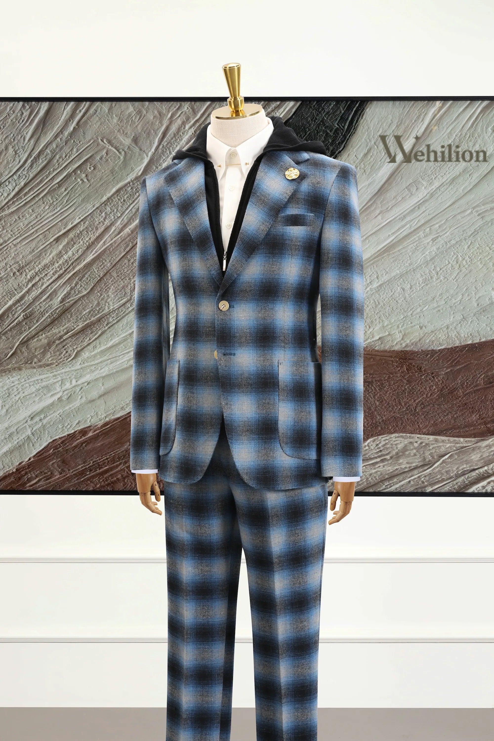 Men's Blue Plaid Herringbone 2 Piece Suits