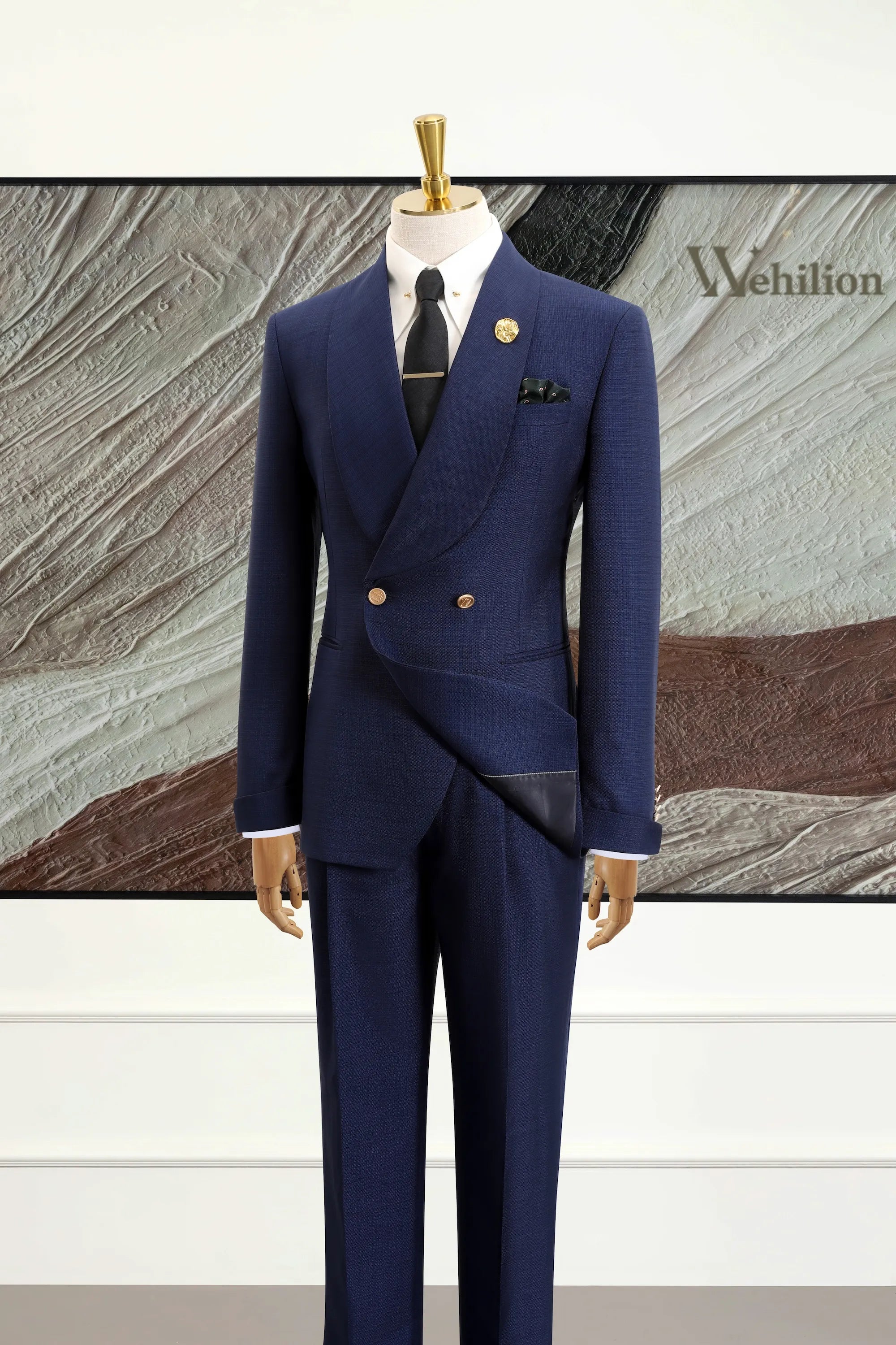Men's Dark Blue Shawl Collar 2 Piece Suits