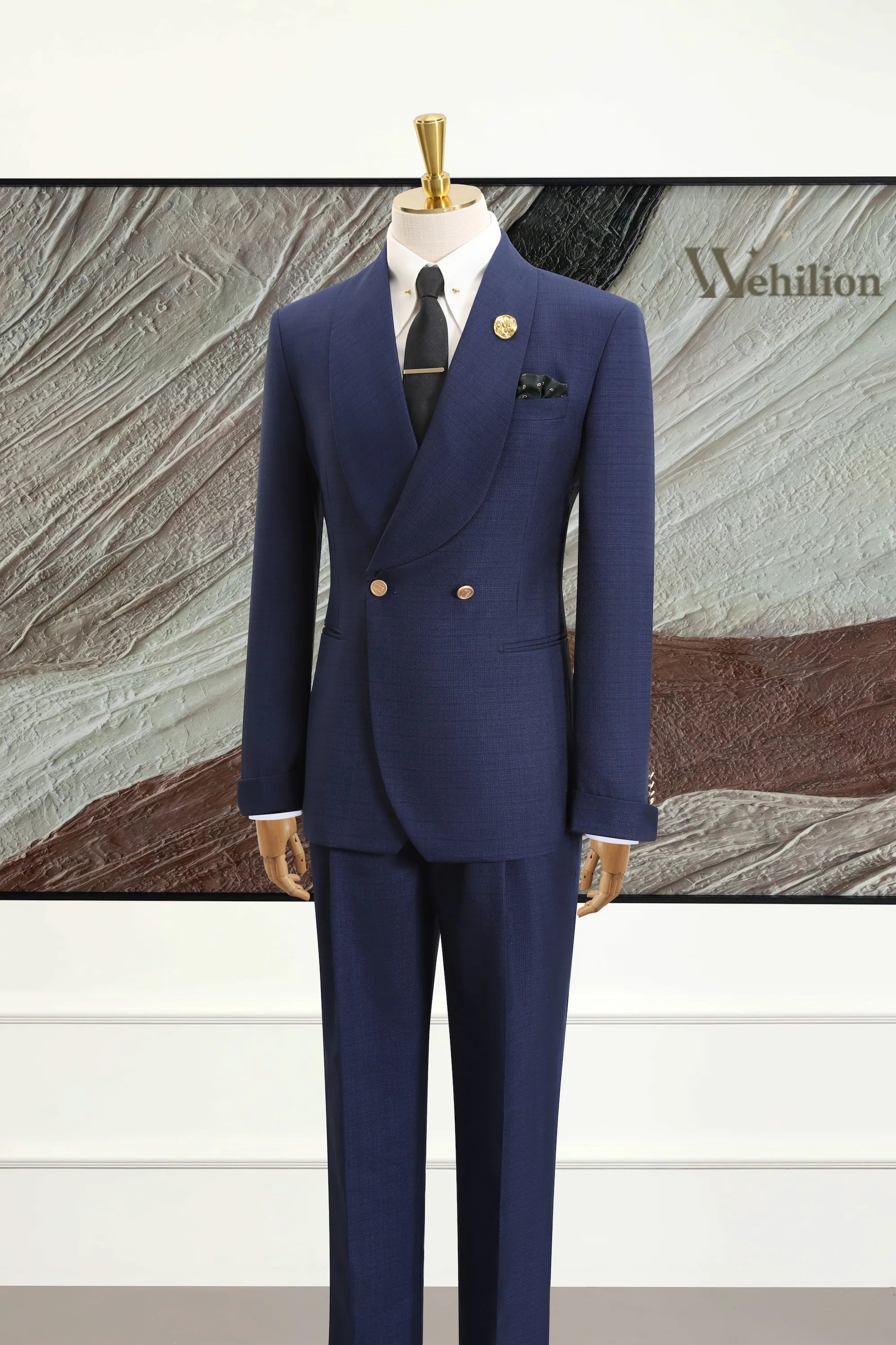 Men's Dark Blue Shawl Collar 2 Piece Suits