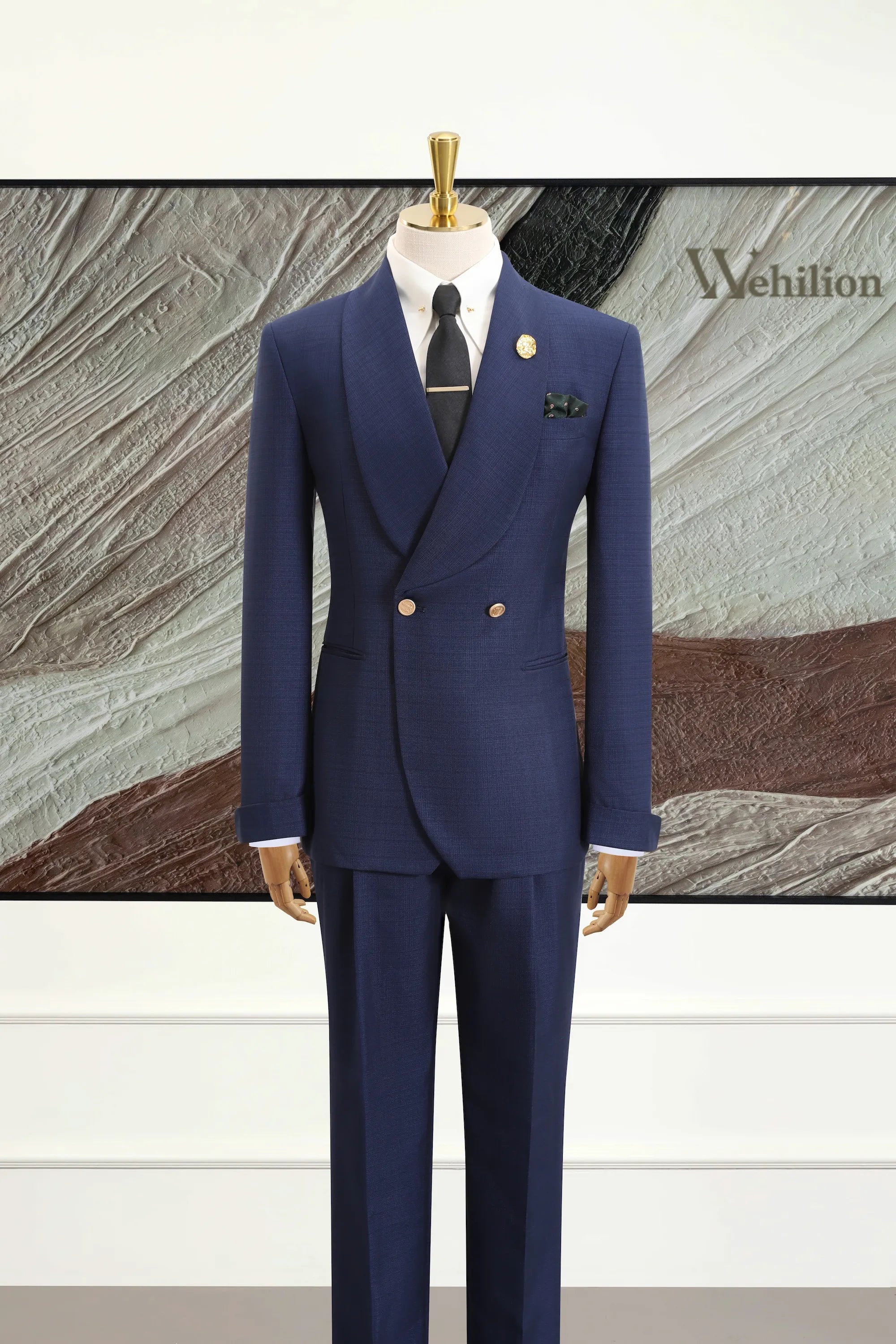 Men's Dark Blue Shawl Collar 2 Piece Suits