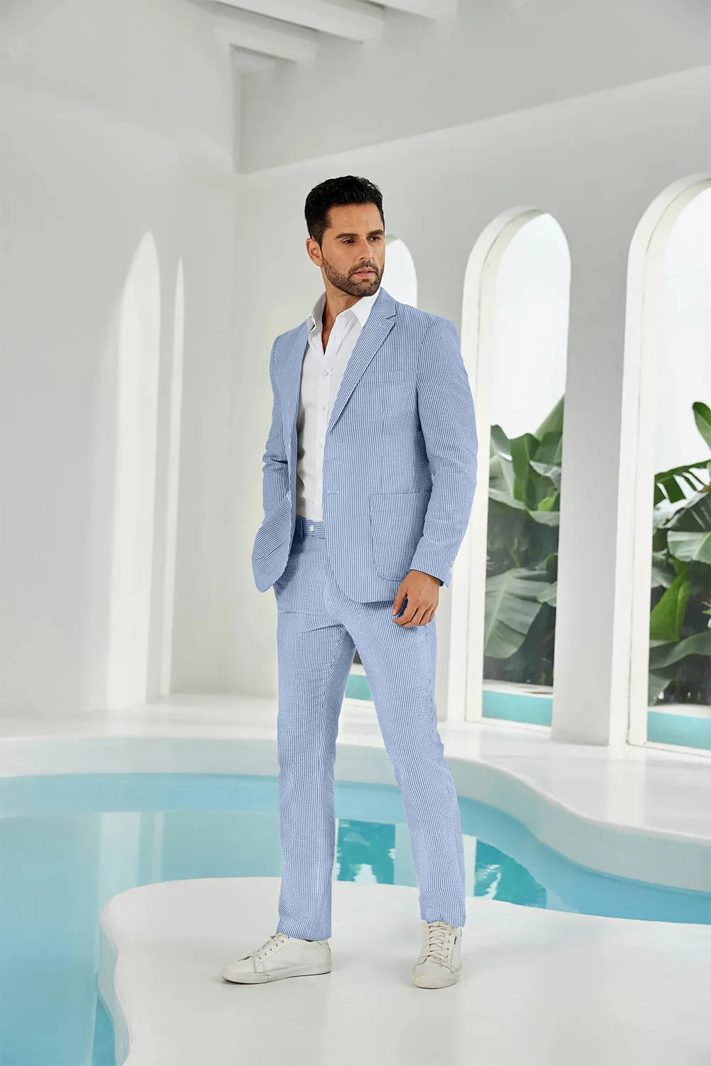 Blue-white seersucker striped blazer pants 2 piece men's summer suit upgrade version on model