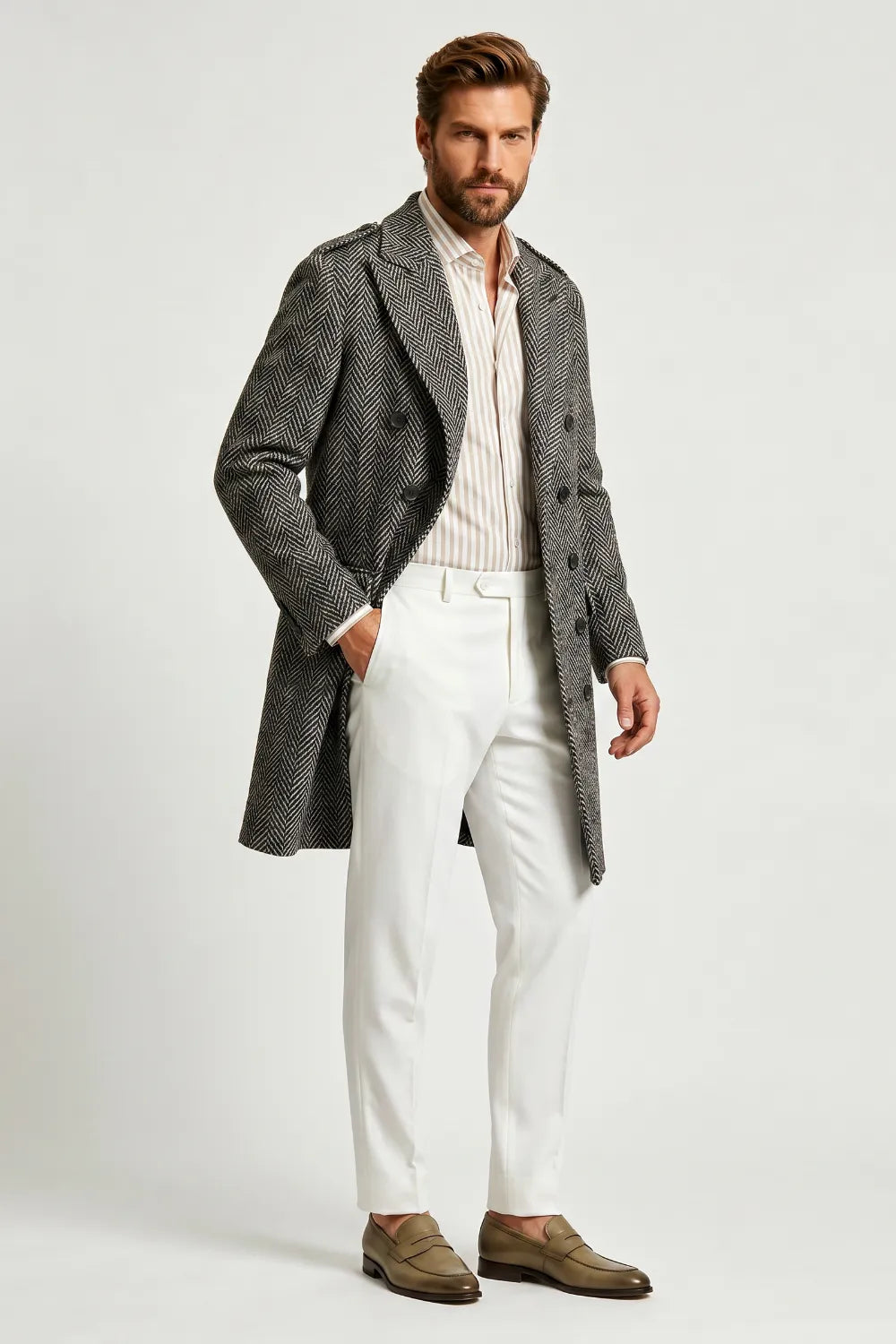 Men's Herringbone Double-Breasted Officer Coat