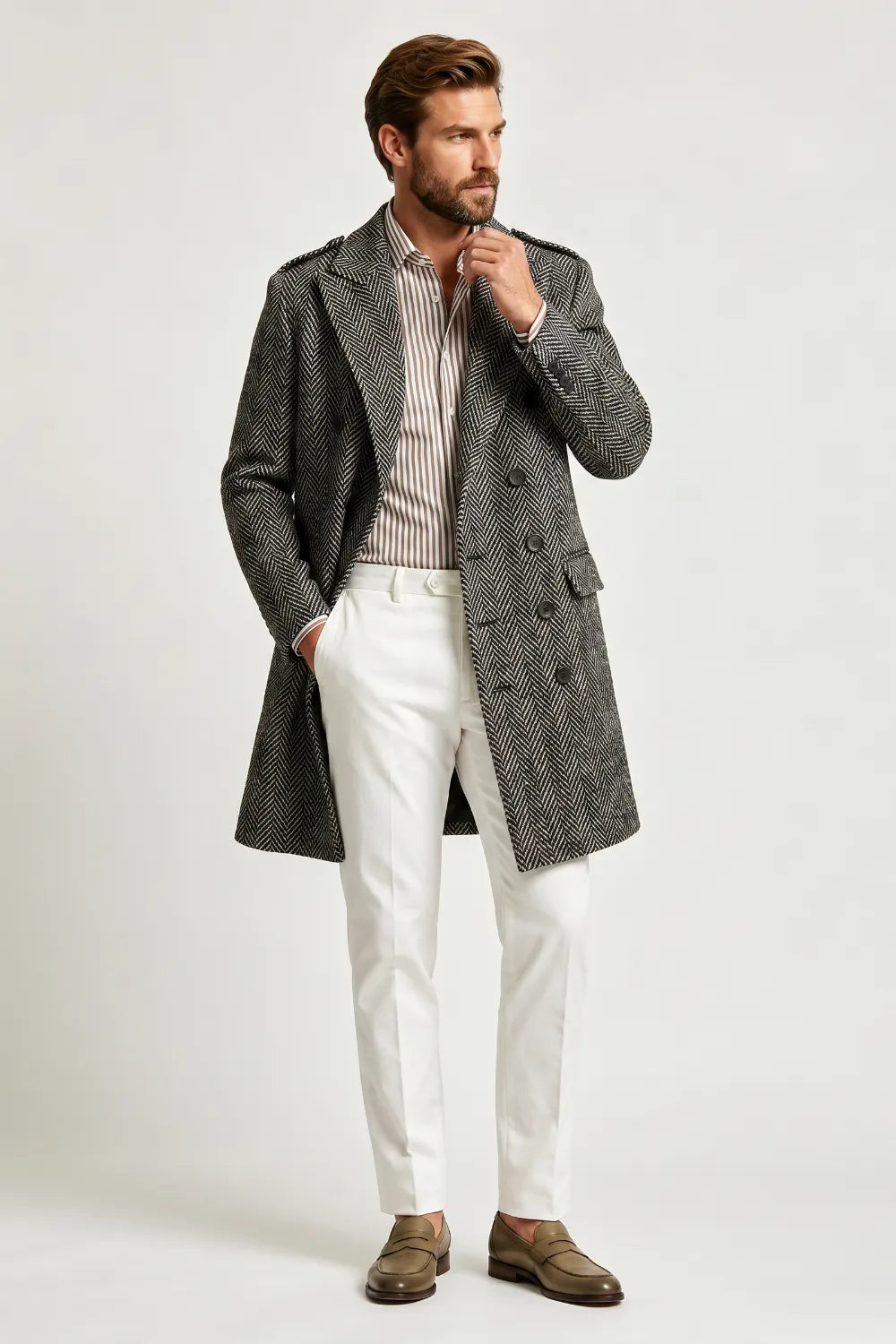 Men's Herringbone Double-Breasted Officer Coat