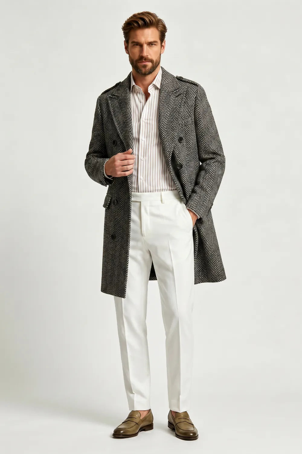 Men's Herringbone Double-Breasted Officer Coat