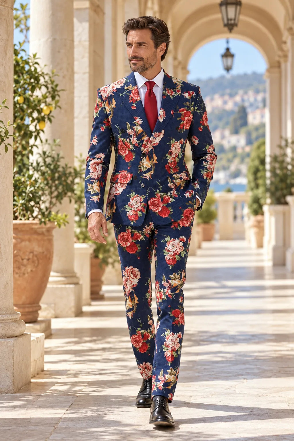 Men's Bold Navy Floral Print 2 Piece Suit