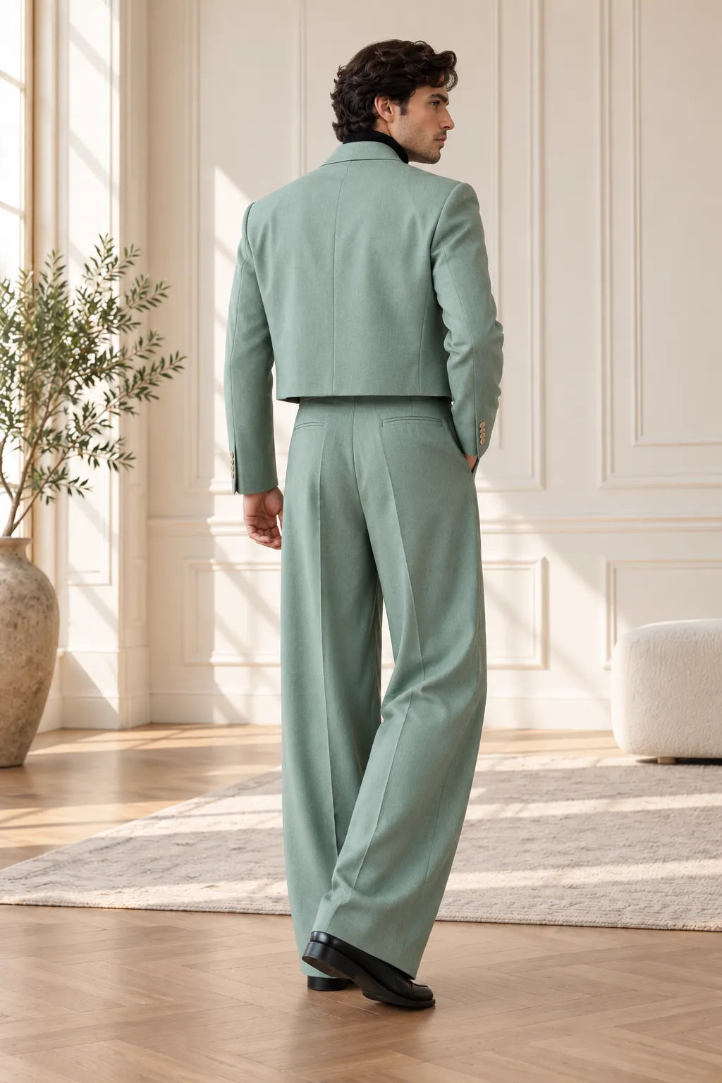 Men's Sage Green Cropped Blazer Wide Leg 2 Piece Suit