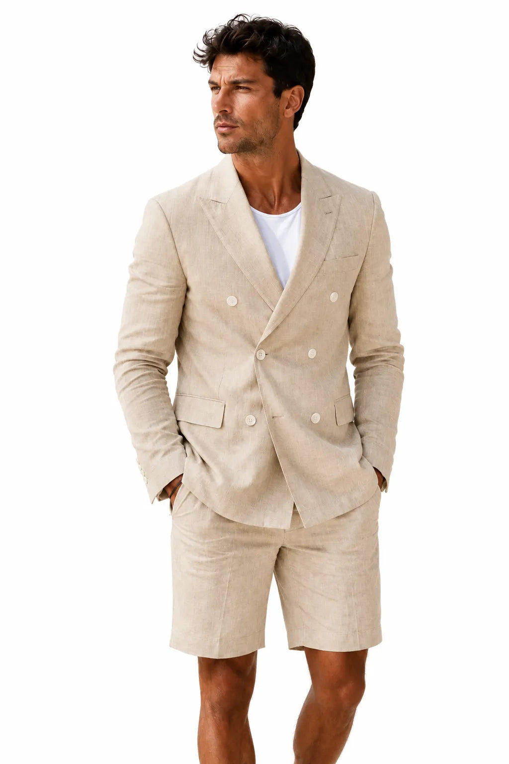 Men's Linen Double-Breasted Shorts 2 Piece Suit