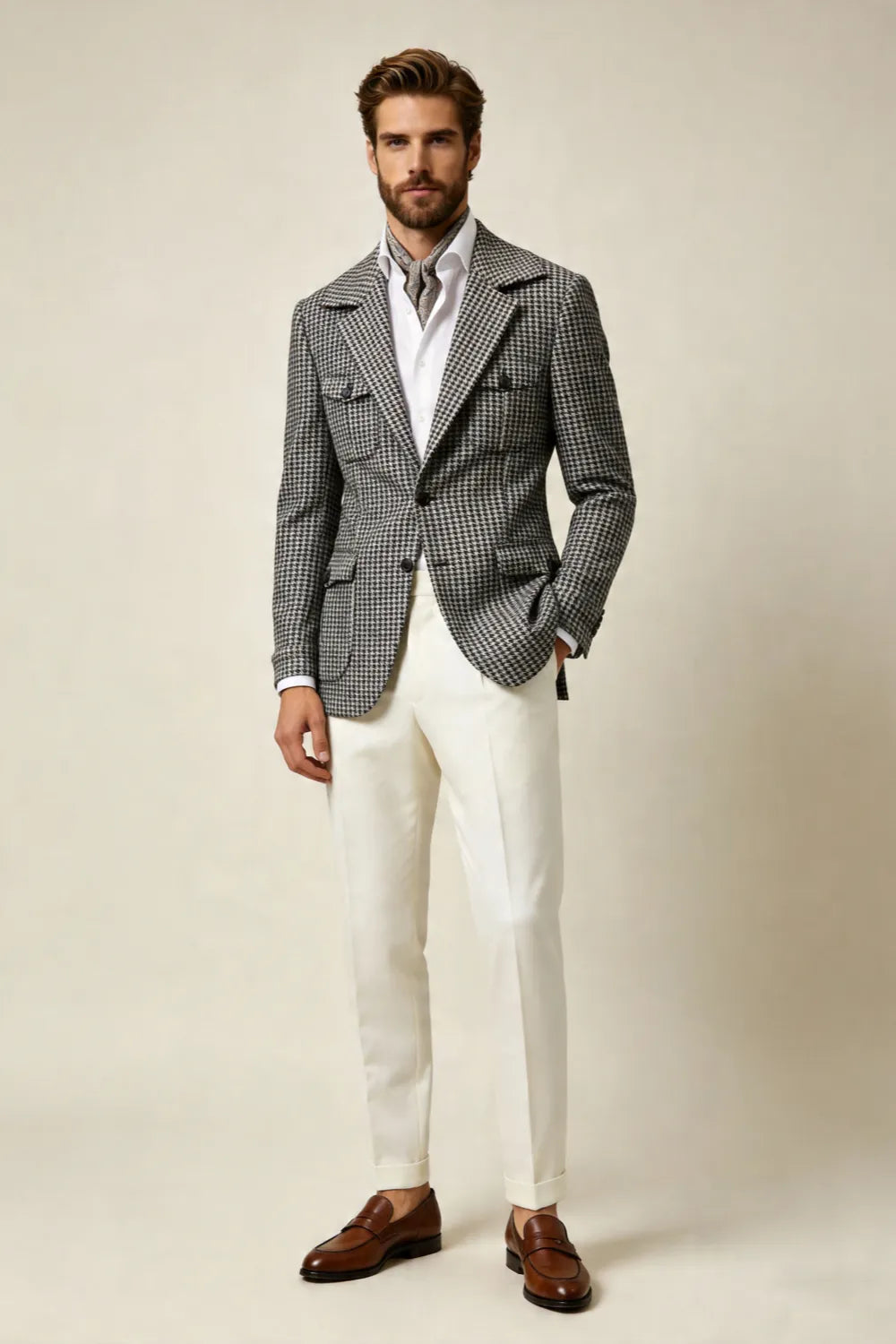 Men's Black And White Houndstooth Wide Lapel 2 Piece Suit
