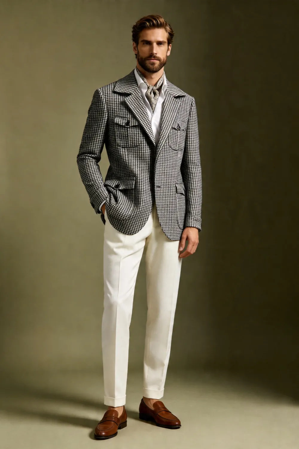 Men's Black And White Houndstooth Wide Lapel 2 Piece Suit