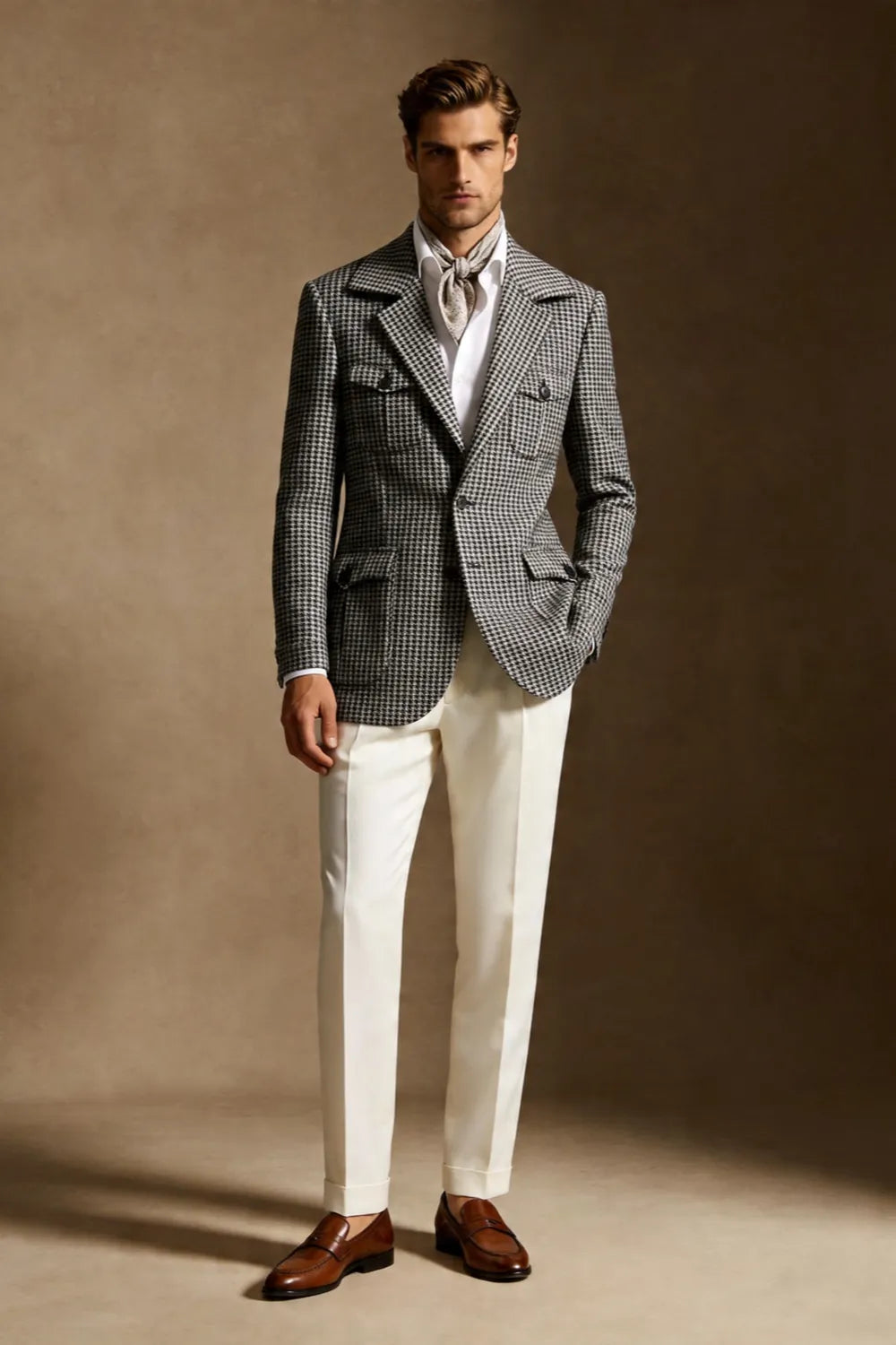 Men's Black And White Houndstooth Wide Lapel 2 Piece Suit