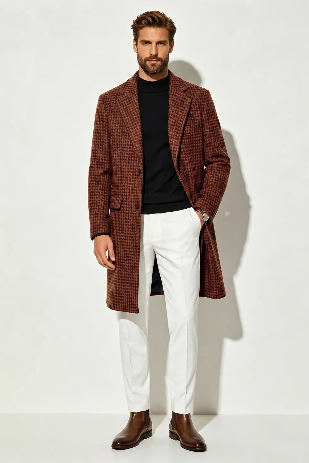 Men's Brown Mid-Length Houndstooth Dress Coat