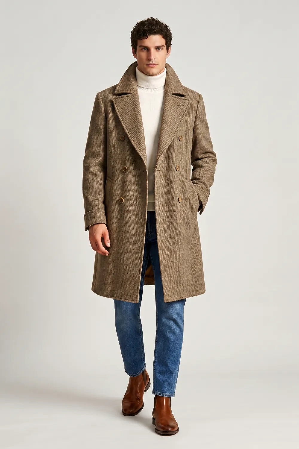 Men's Khaki Herringbone Wool Blend Wide Lapel Overcoat