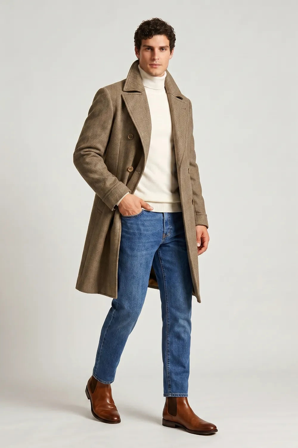 Men's Khaki Herringbone Wool Blend Wide Lapel Overcoat