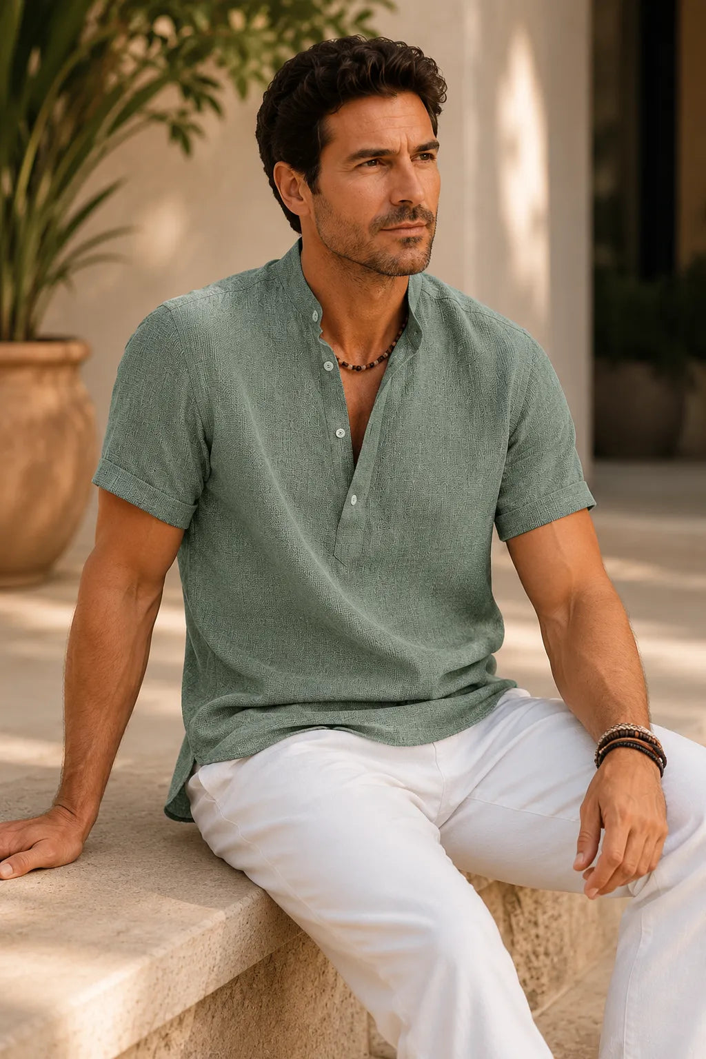 Men's Modern Textured Short-Sleeve Popover Shirt