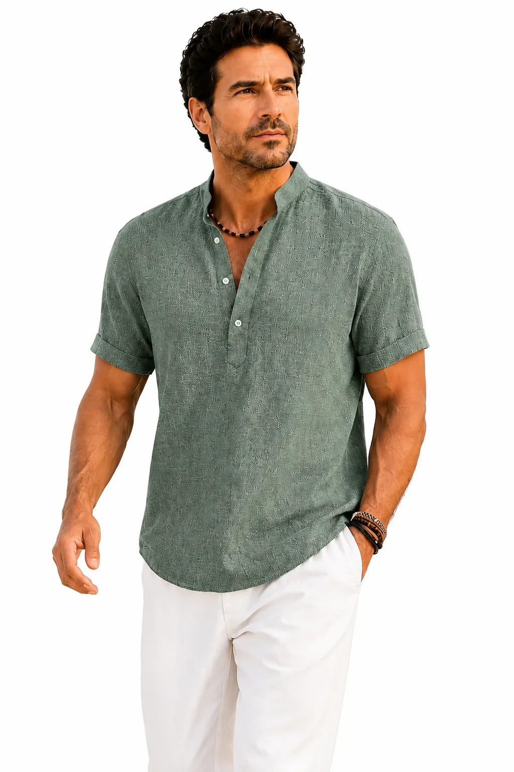 Men's Modern Textured Short-Sleeve Popover Shirt